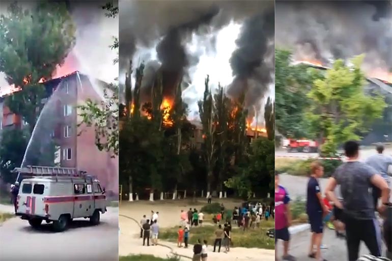 Крыша жилого дома горит в Таразе, более 170 человек эвакуировано (видео)