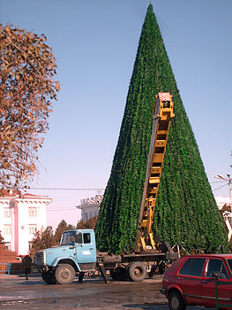 Сооружение новогодней елки на центральной площади Тараза